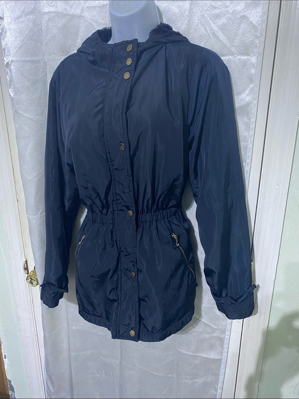 Cavalini Navy Hooded Trench Coat with Gold Hardware